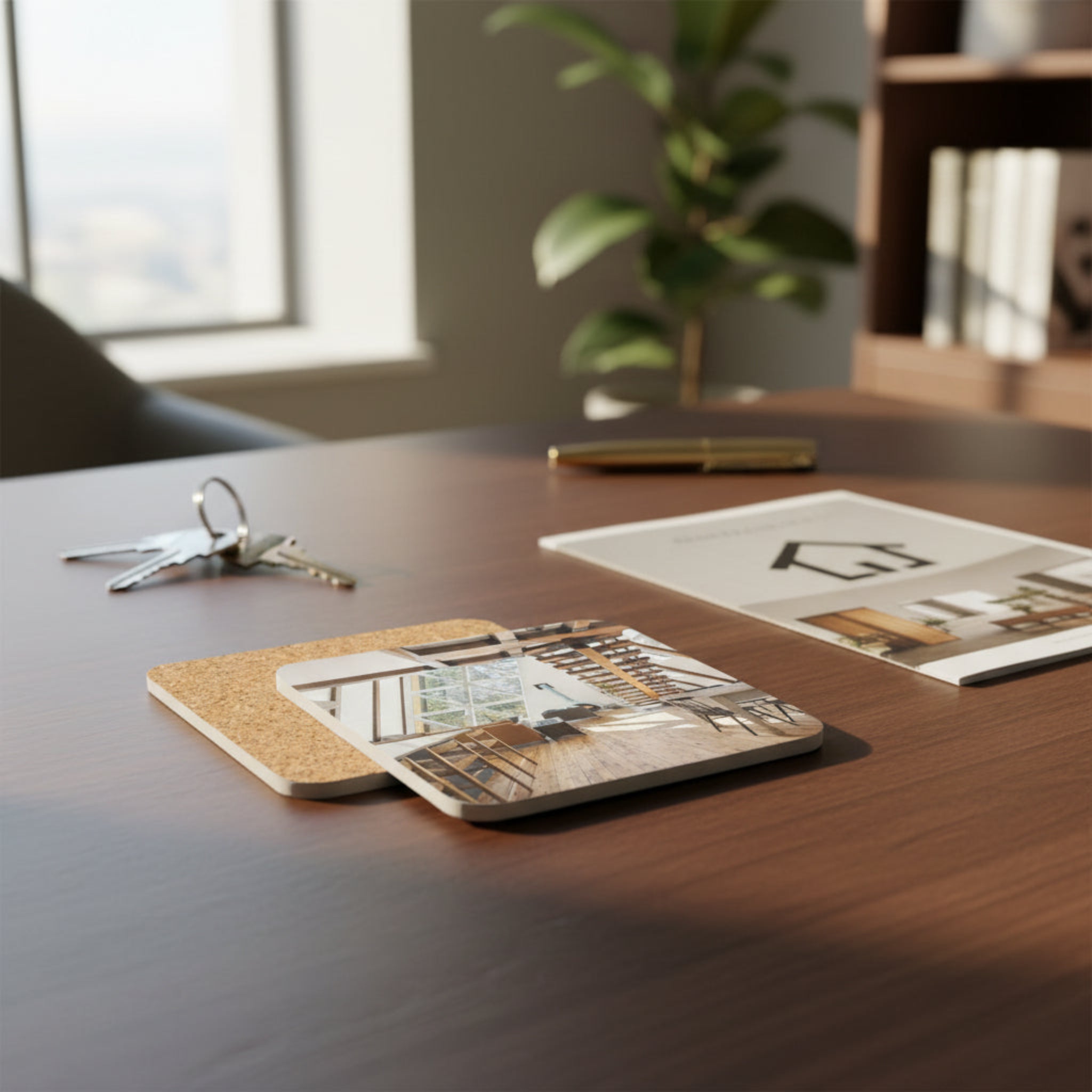 Cork coaster with a printed design of a modern interior on a white background