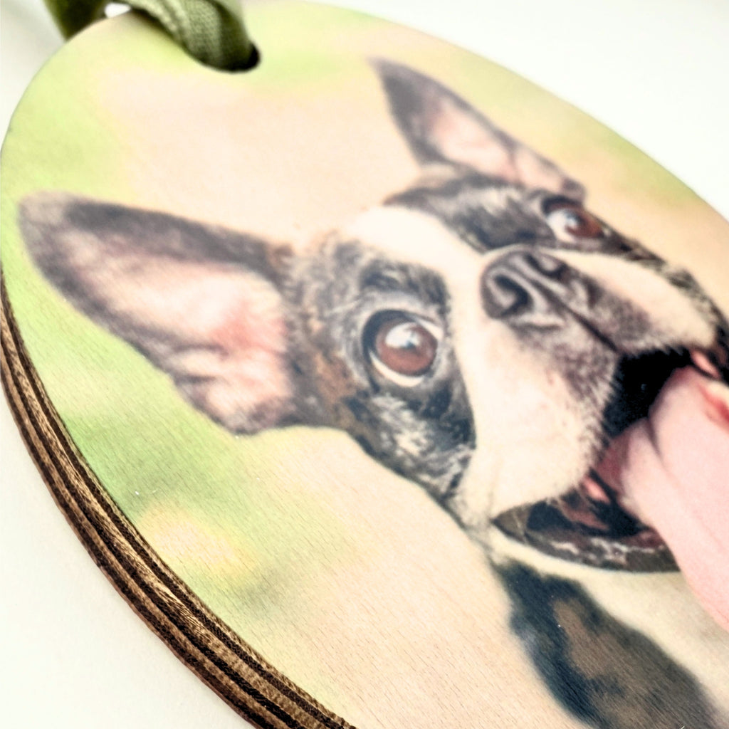 Dog tag with a printed image of a dog on a green background