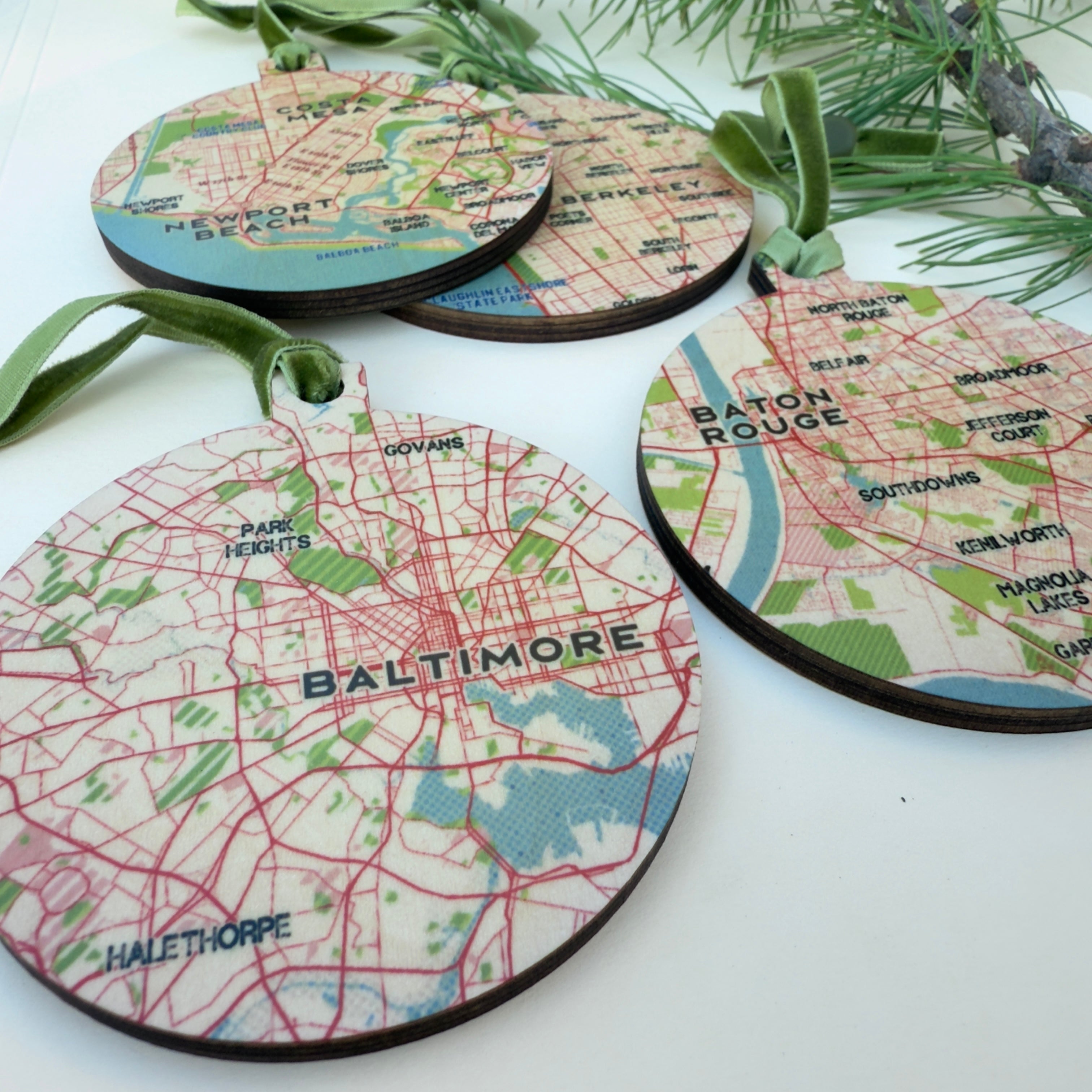 Custom City Map on Birch Wood Ornament
