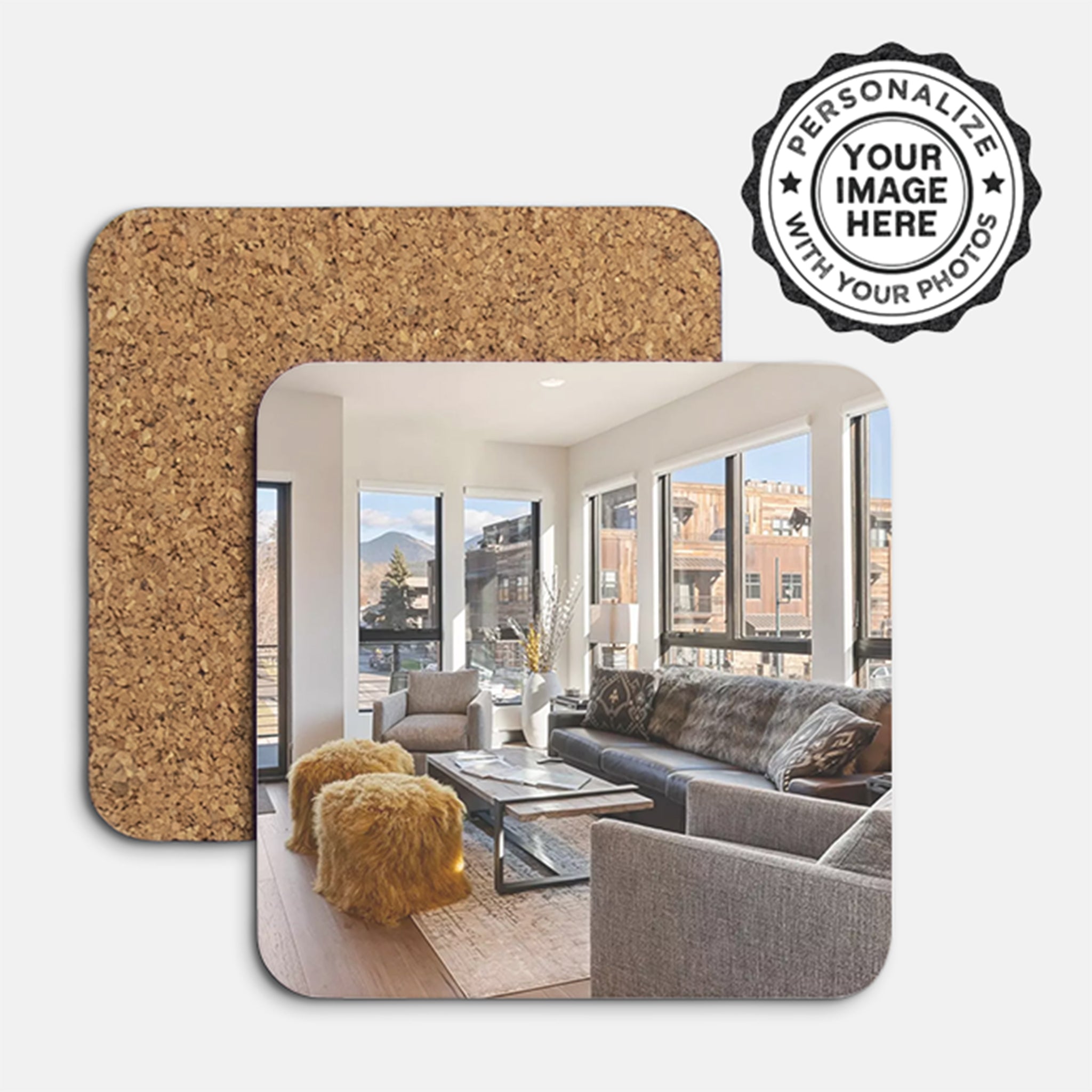 Cork coaster with a living room scene and a customizable photo feature.